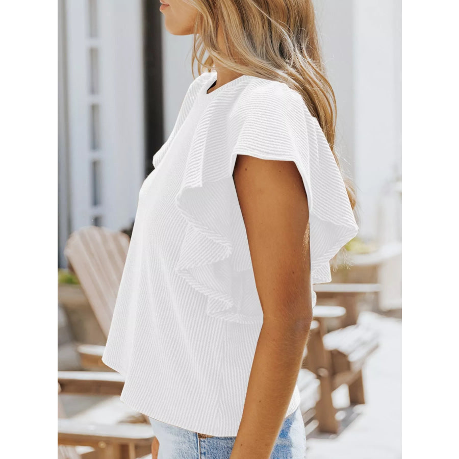 Full Size Ruffled Sleeve Ribbed Knit T-Shirt Plus Size Apparel and Accessories