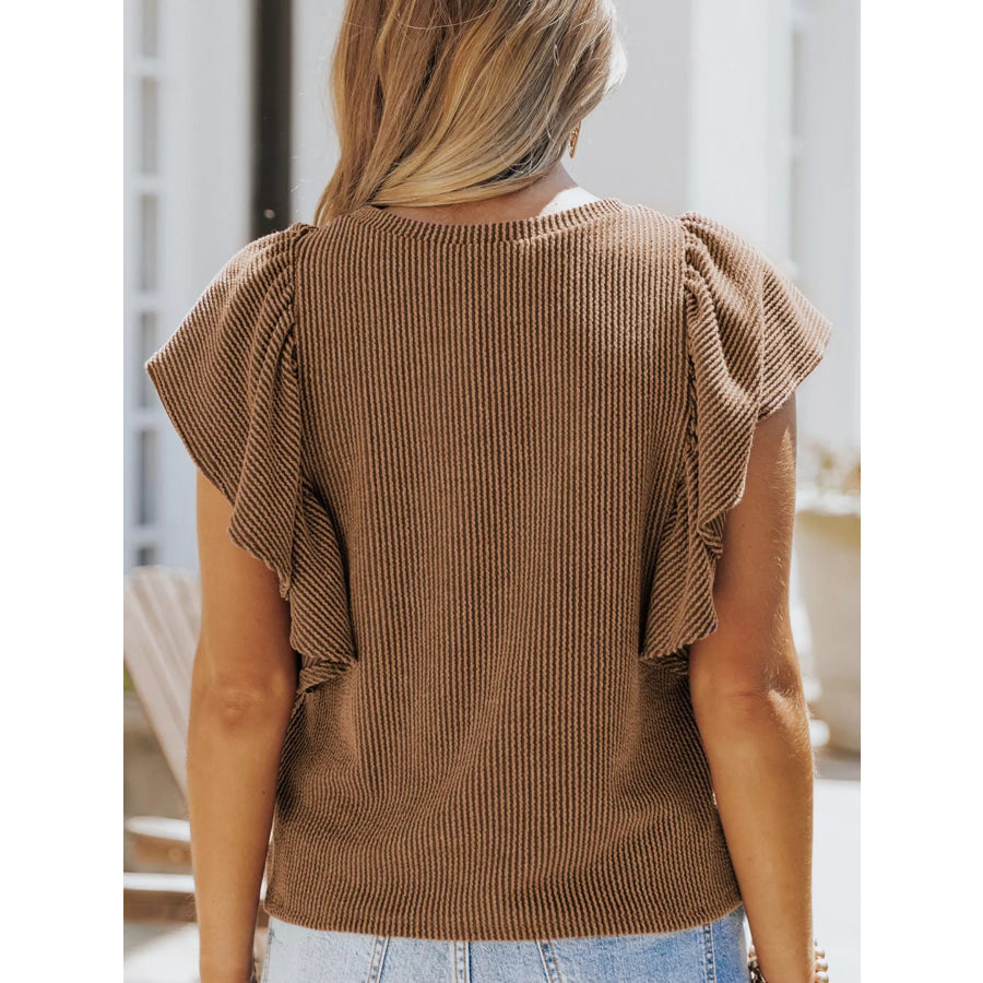 Full Size Ruffled Sleeve Ribbed Knit T-Shirt Plus Size Apparel and Accessories