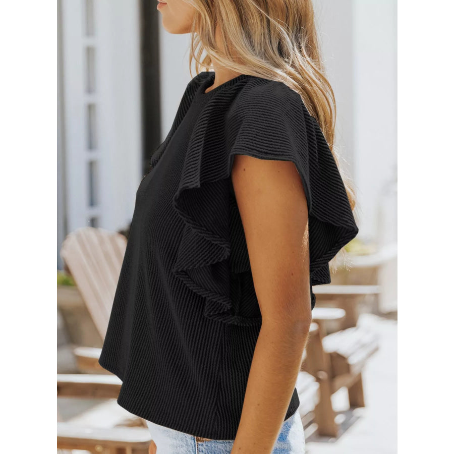 Full Size Ruffled Sleeve Ribbed Knit T-Shirt Plus Size Apparel and Accessories