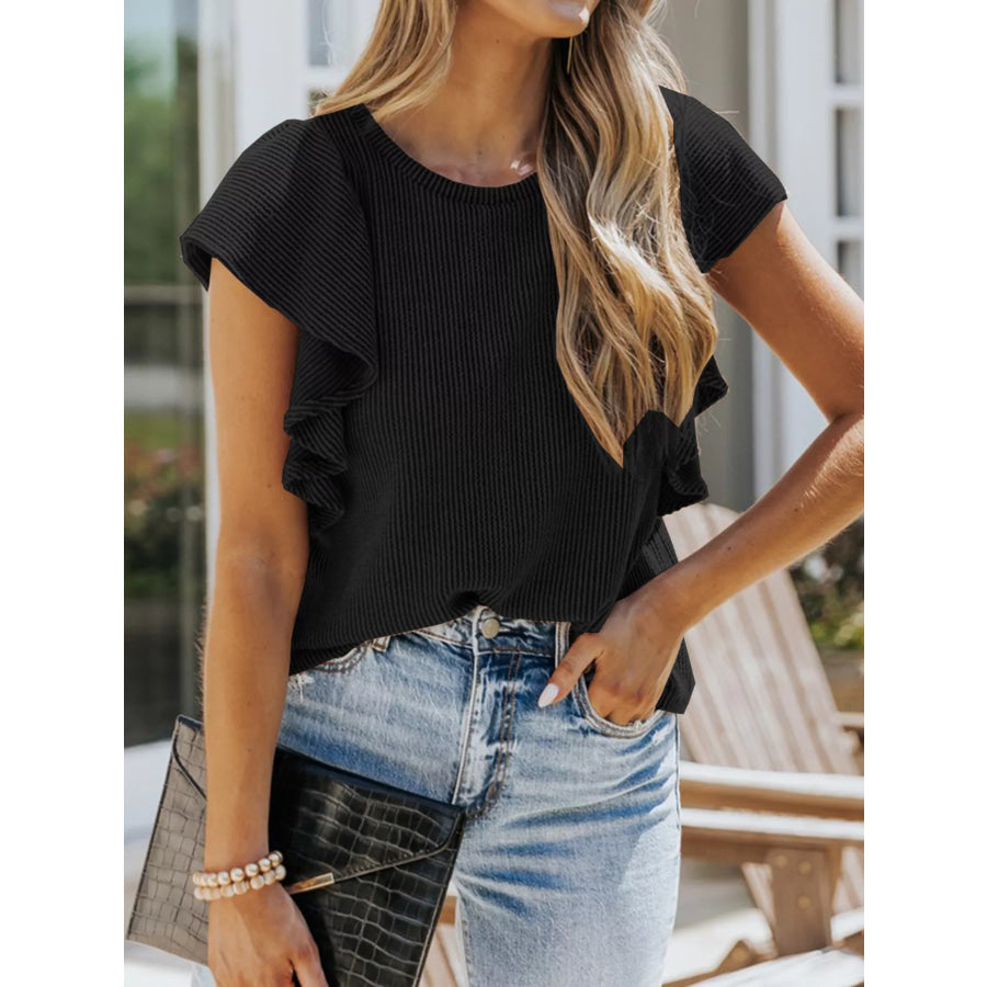 Full Size Ruffled Sleeve Ribbed Knit T-Shirt Plus Size Black / S Apparel and Accessories