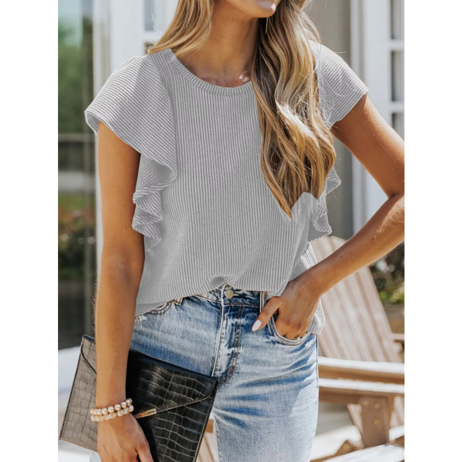 Full Size Ruffled Sleeve Ribbed Knit T-Shirt Plus Size Gray / S Apparel and Accessories
