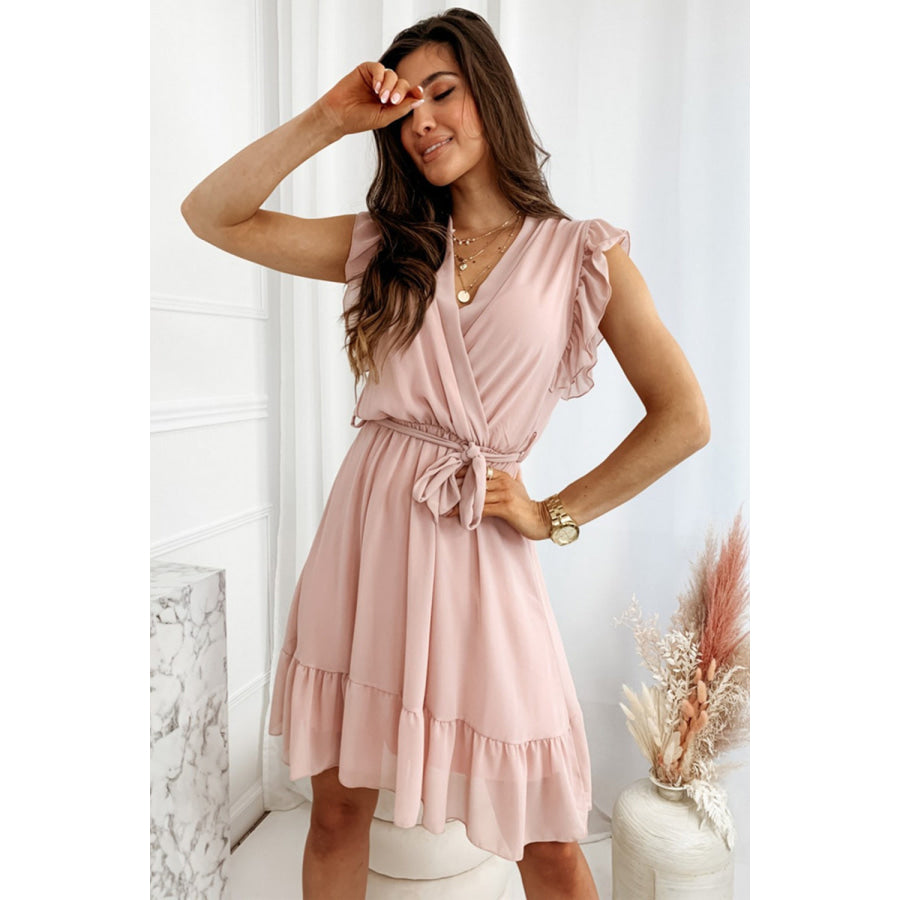 Full Size Ruffled Surplice Cap Sleeve Dress Peach / S Apparel and Accessories