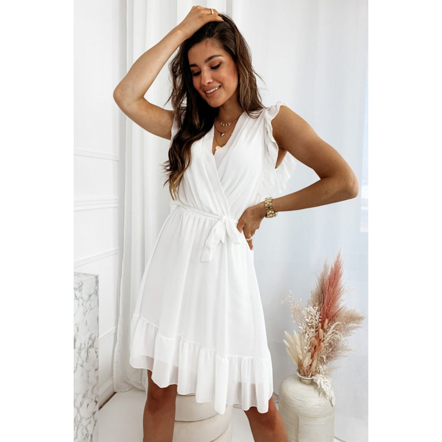 Full Size Ruffled Surplice Cap Sleeve Dress White / S Apparel and Accessories