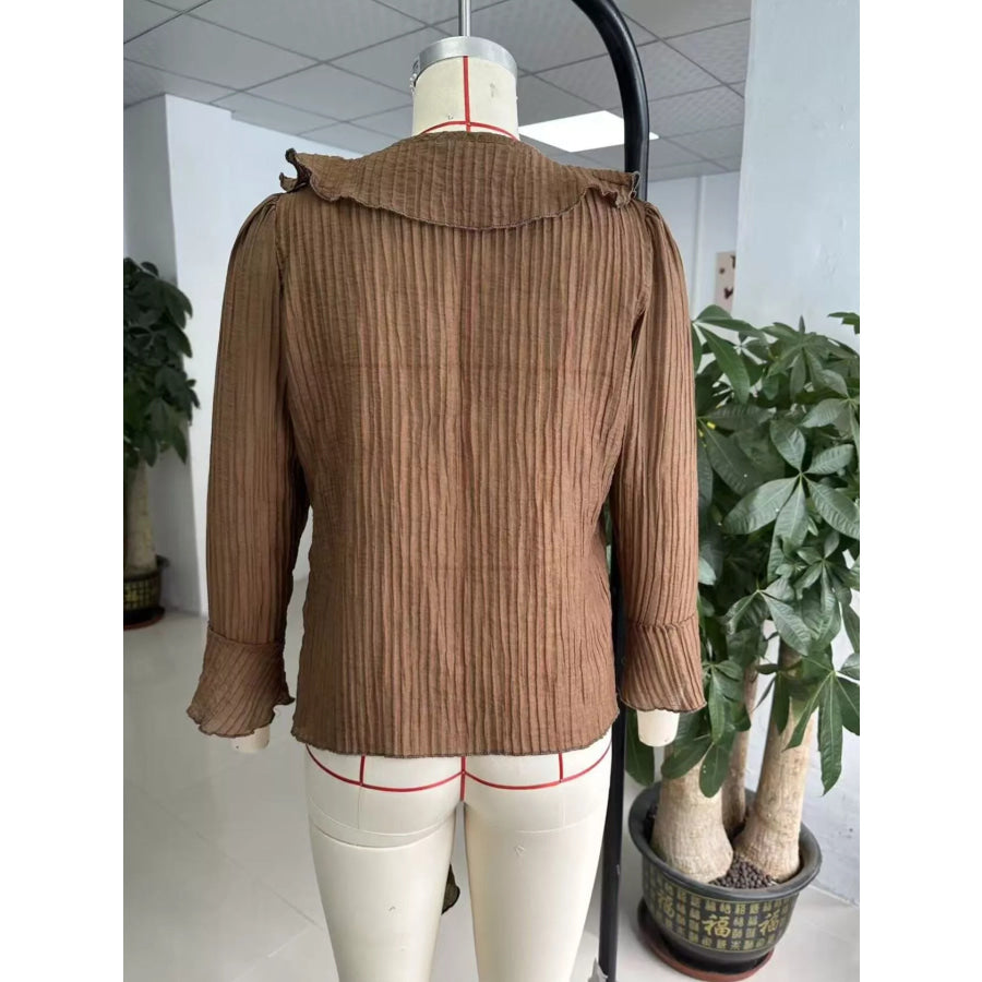 Full Size Ruffled Tie Neck Long Sleeve Blouse Plus Apparel and Accessories