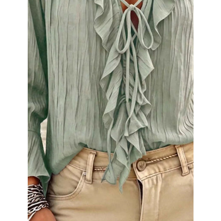 Full Size Ruffled Tie Neck Long Sleeve Blouse Plus Apparel and Accessories