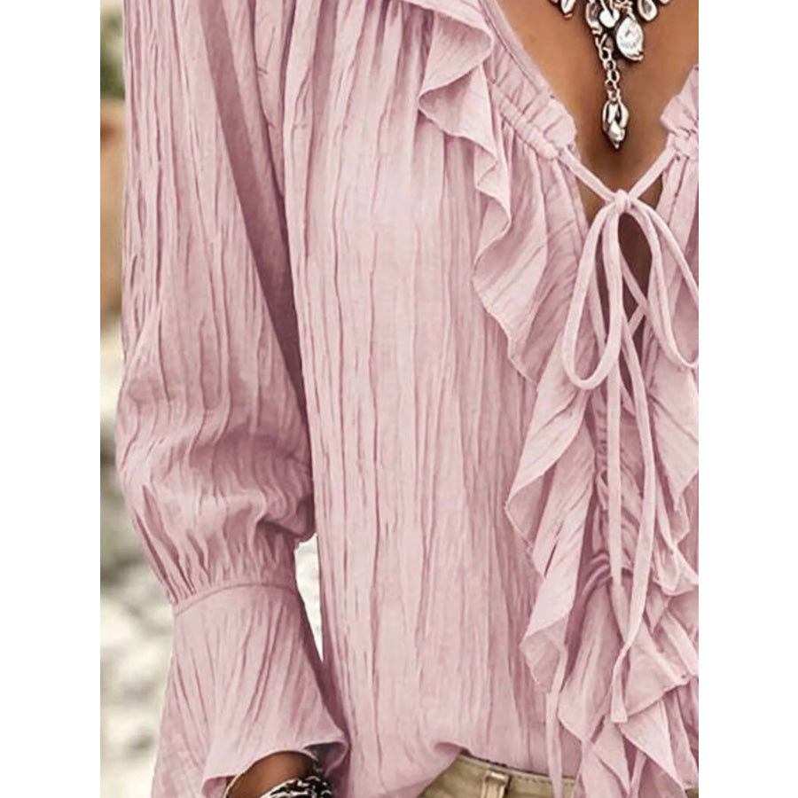 Full Size Ruffled Tie Neck Long Sleeve Blouse Plus Apparel and Accessories