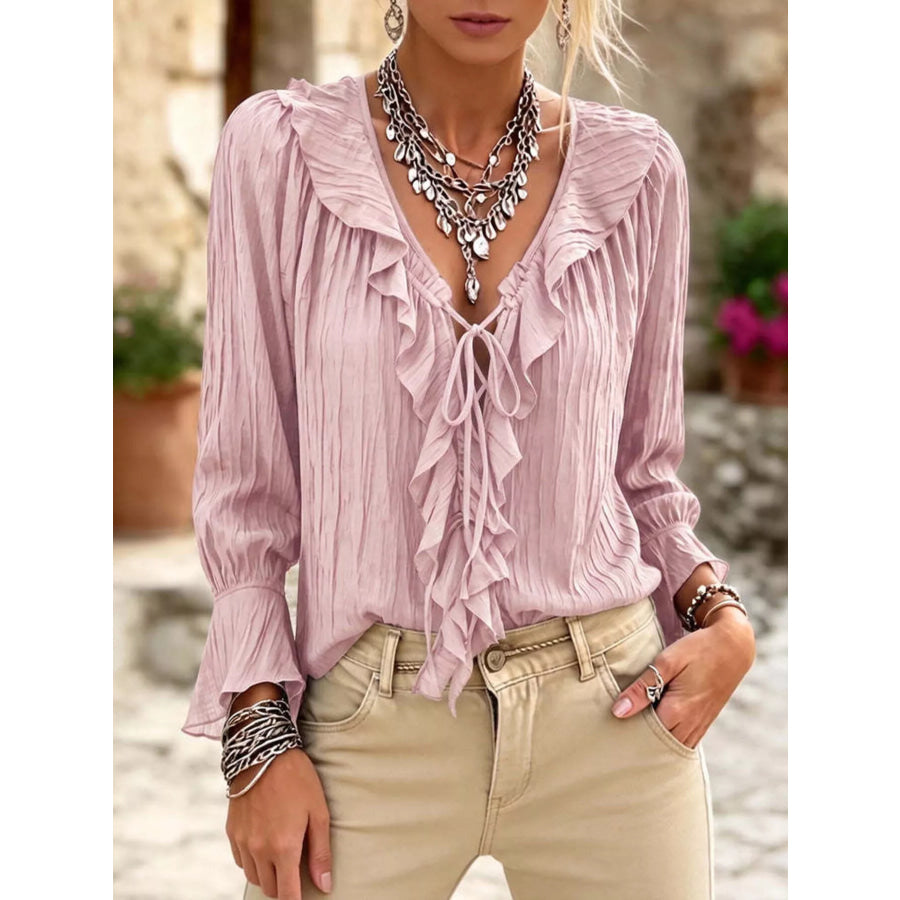 Full Size Ruffled Tie Neck Long Sleeve Blouse Plus Apparel and Accessories