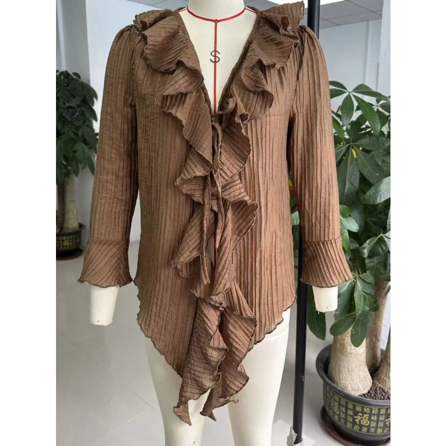 Full Size Ruffled Tie Neck Long Sleeve Blouse Plus Apparel and Accessories