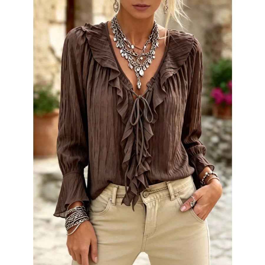Full Size Ruffled Tie Neck Long Sleeve Blouse Plus Brown / S Apparel and Accessories