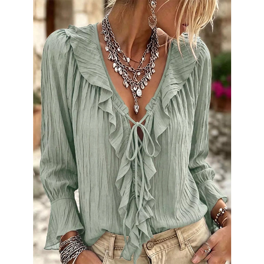 Full Size Ruffled Tie Neck Long Sleeve Blouse Plus Sage / S Apparel and Accessories