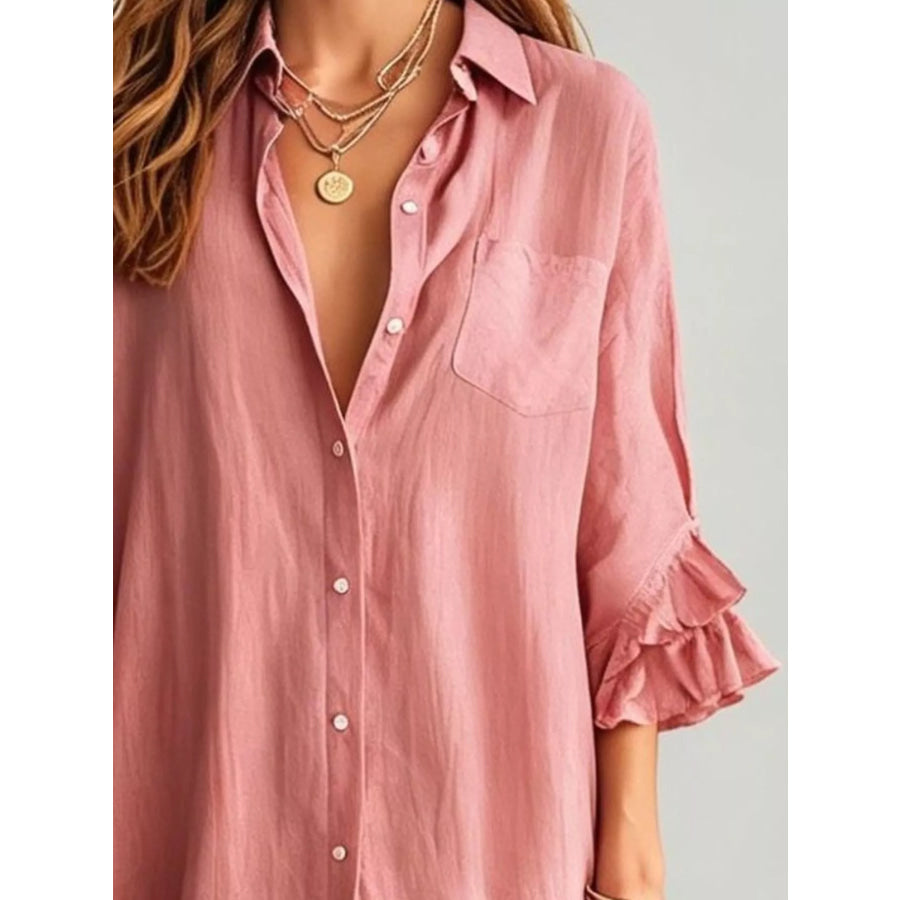 Full Size Ruffled Trim Button-Down Maxi Shirt Dress Plus Apparel and Accessories