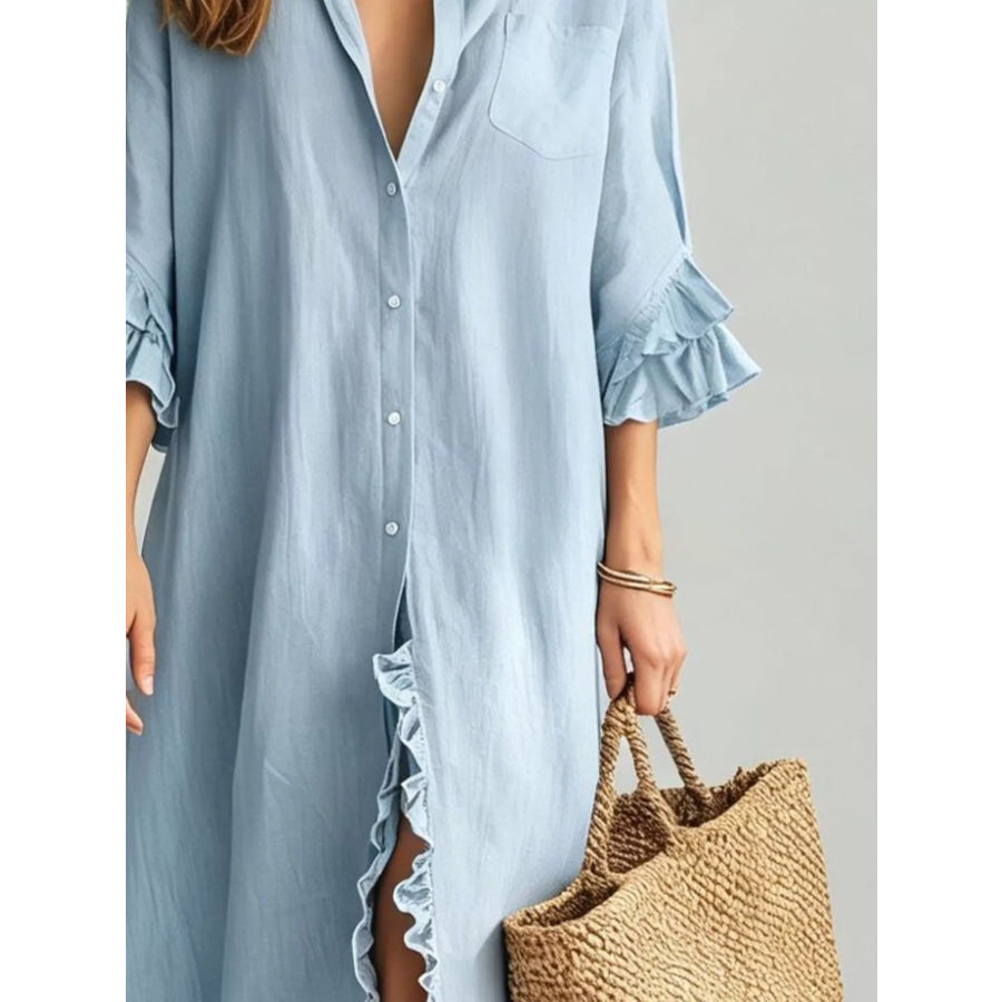 Full Size Ruffled Trim Button-Down Maxi Shirt Dress Plus Apparel and Accessories