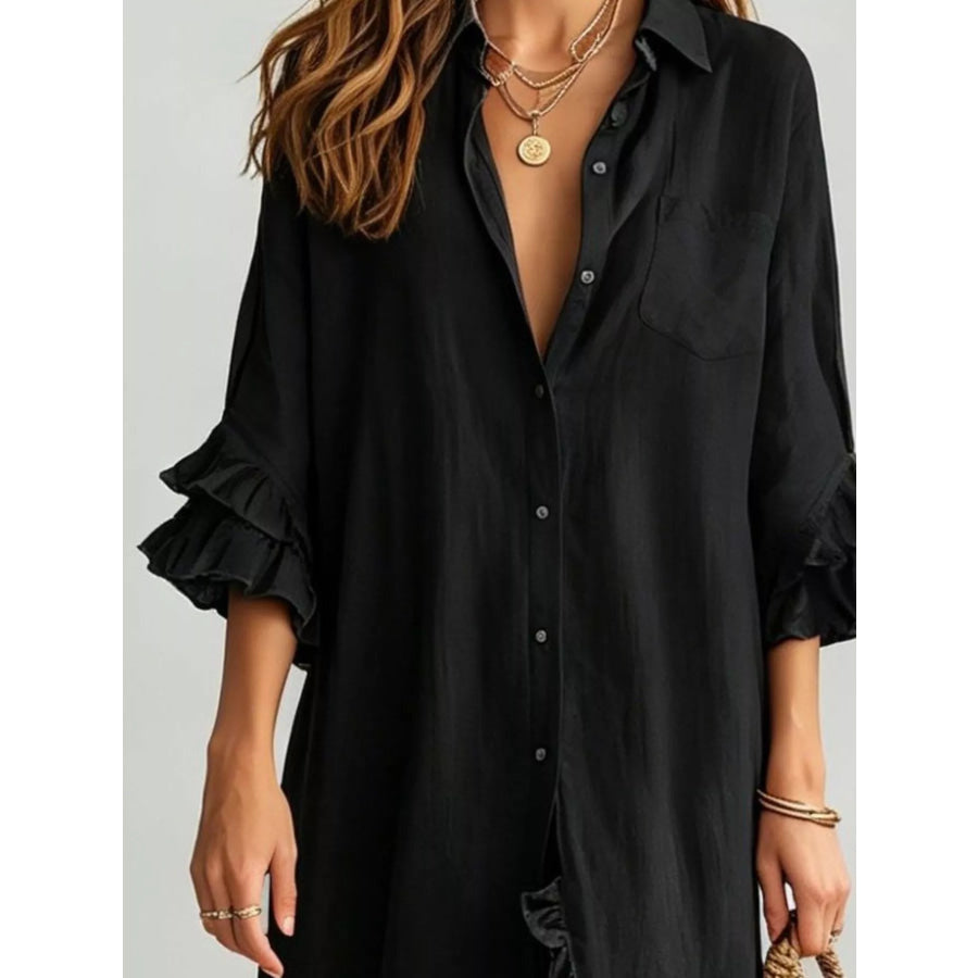Full Size Ruffled Trim Button-Down Maxi Shirt Dress Plus Apparel and Accessories