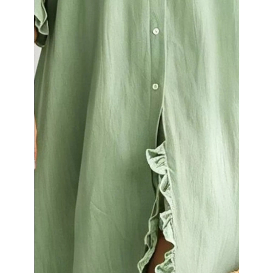 Full Size Ruffled Trim Button-Down Maxi Shirt Dress Plus Apparel and Accessories