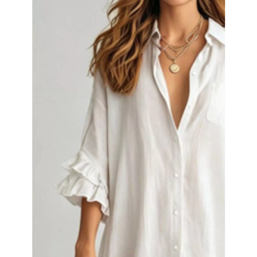 Full Size Ruffled Trim Button-Down Maxi Shirt Dress Plus Apparel and Accessories