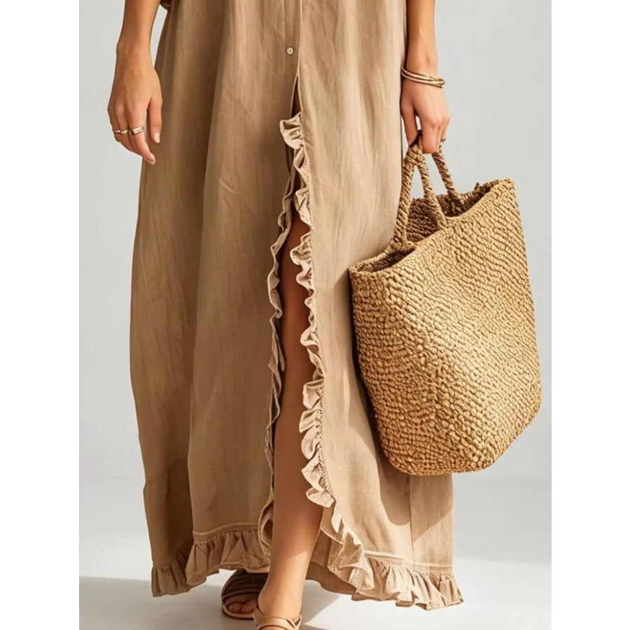 Full Size Ruffled Trim Button-Down Maxi Shirt Dress Plus Apparel and Accessories