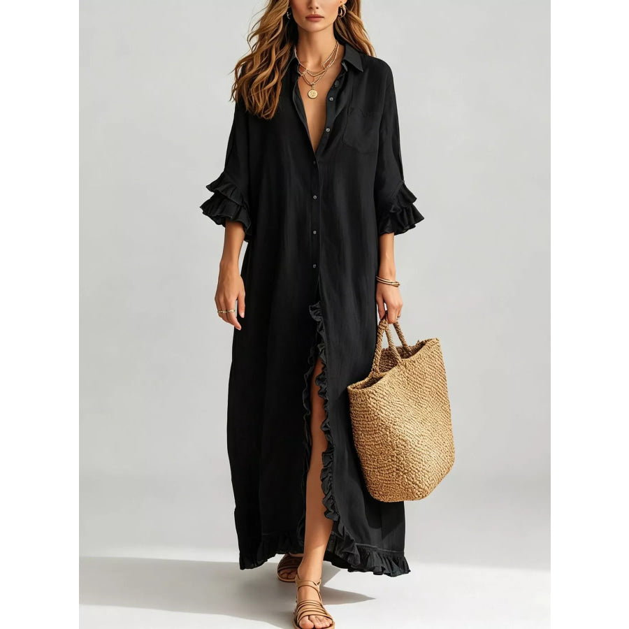 Full Size Ruffled Trim Button-Down Maxi Shirt Dress Plus Black / S Apparel and Accessories