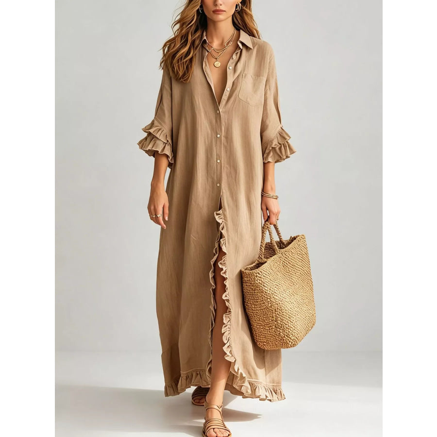 Full Size Ruffled Trim Button-Down Maxi Shirt Dress Plus Khaki / S Apparel and Accessories