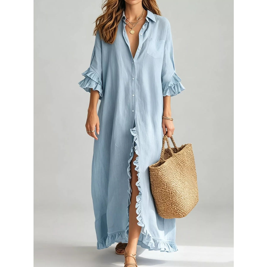 Full Size Ruffled Trim Button-Down Maxi Shirt Dress Plus Light Blue / S Apparel and Accessories