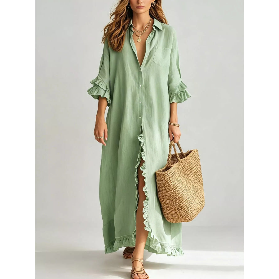 Full Size Ruffled Trim Button-Down Maxi Shirt Dress Plus Light Green / S Apparel and Accessories