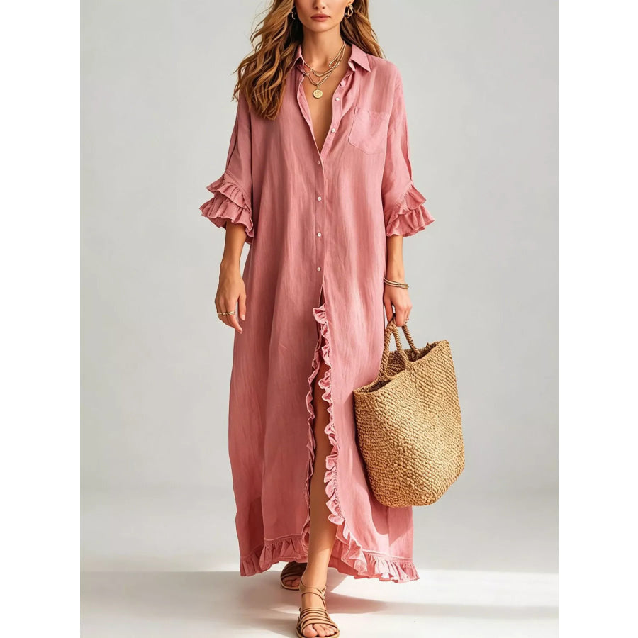 Full Size Ruffled Trim Button-Down Maxi Shirt Dress Plus Pink / S Apparel and Accessories