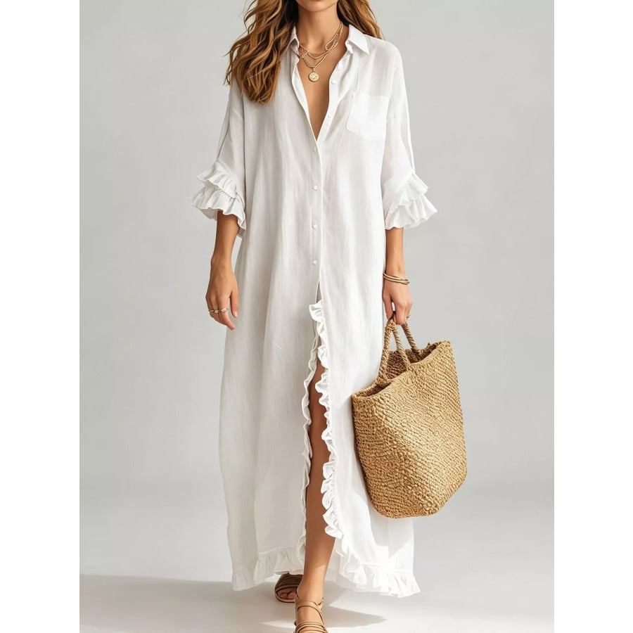 Full Size Ruffled Trim Button-Down Maxi Shirt Dress Plus White / S Apparel and Accessories