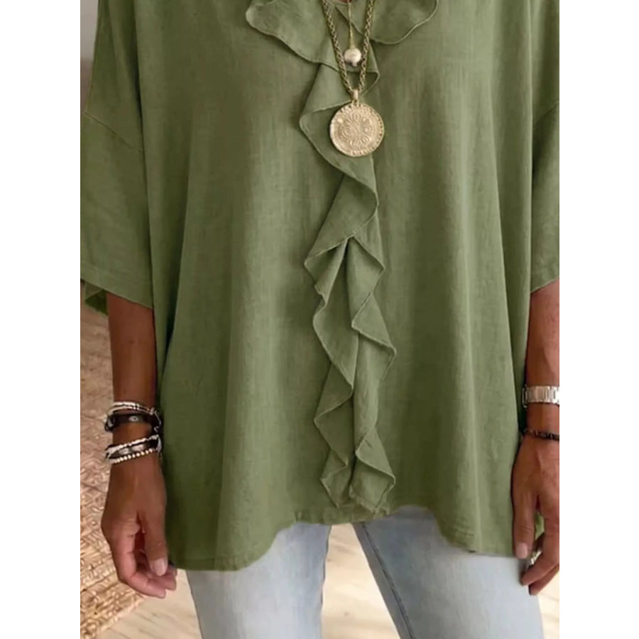 Full Size Ruffled V-Neck 3/4 Sleeve Blouse Plus Size Apparel and Accessories