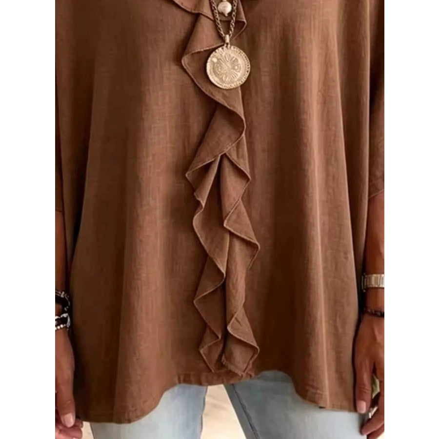 Full Size Ruffled V-Neck 3/4 Sleeve Blouse Plus Size Apparel and Accessories