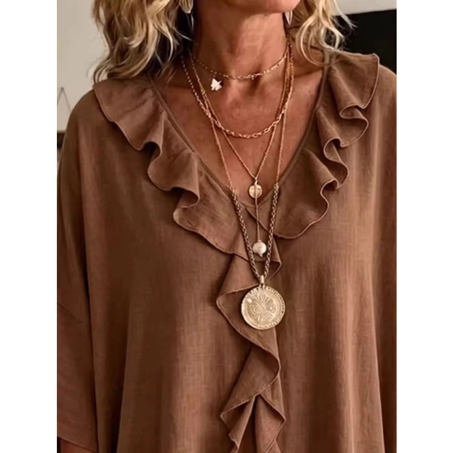 Full Size Ruffled V-Neck 3/4 Sleeve Blouse Plus Size Apparel and Accessories