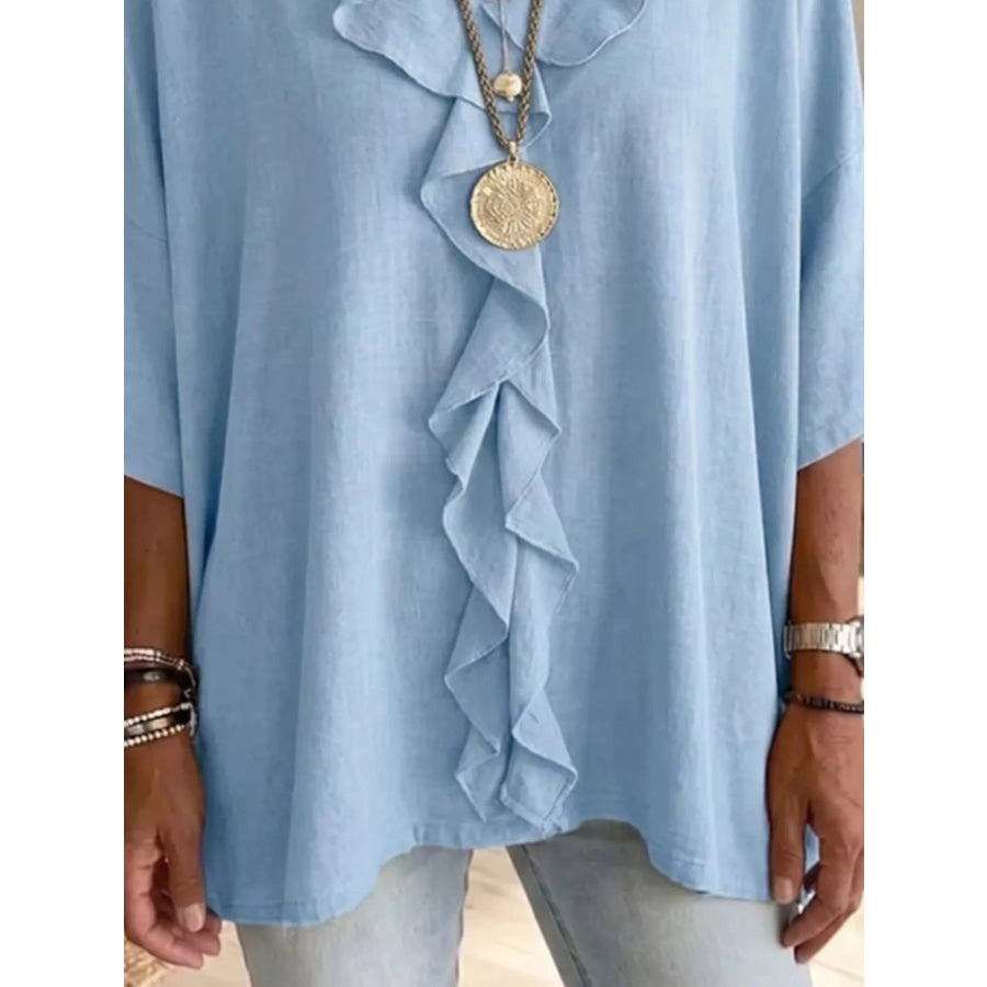 Full Size Ruffled V-Neck 3/4 Sleeve Blouse Plus Size Apparel and Accessories