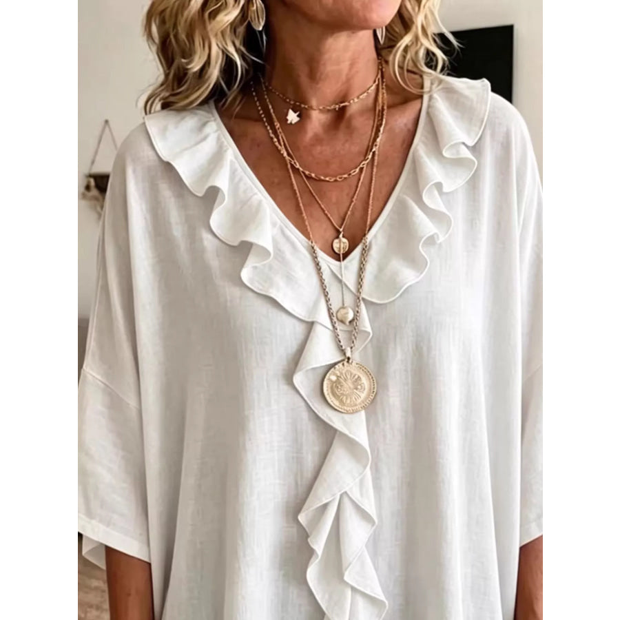 Full Size Ruffled V-Neck 3/4 Sleeve Blouse Plus Size Apparel and Accessories