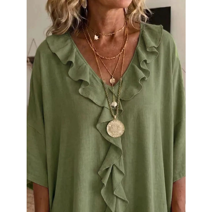 Full Size Ruffled V-Neck 3/4 Sleeve Blouse Plus Size Apparel and Accessories