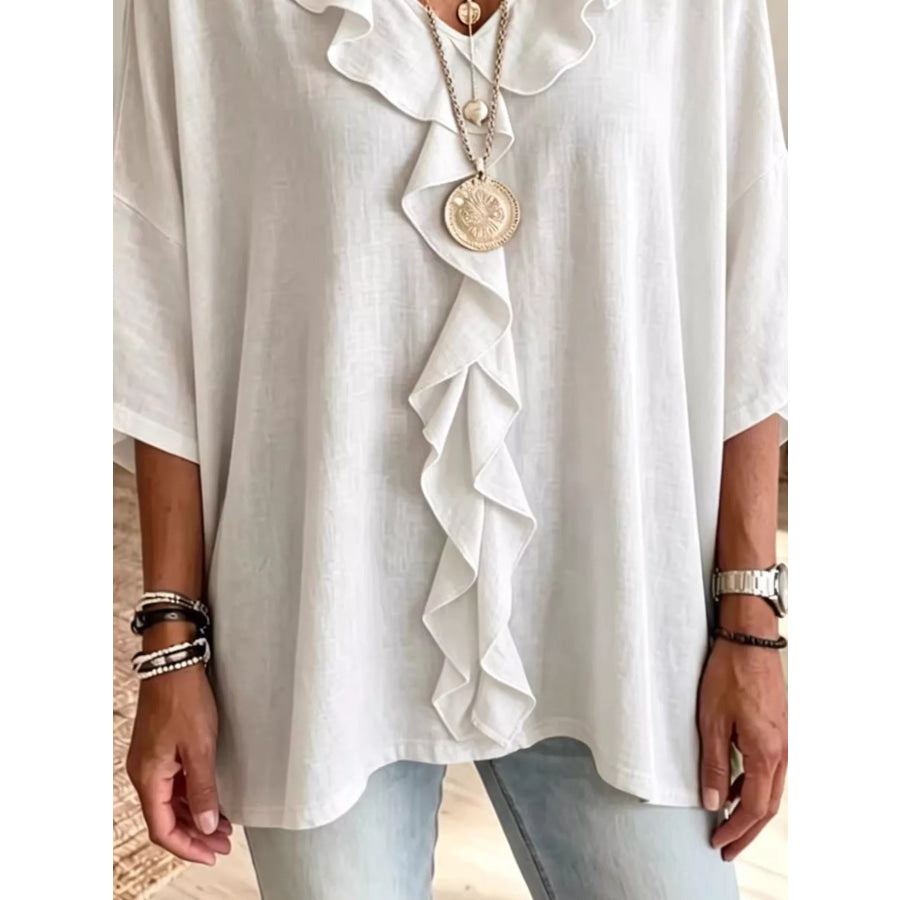 Full Size Ruffled V-Neck 3/4 Sleeve Blouse Plus Size Apparel and Accessories
