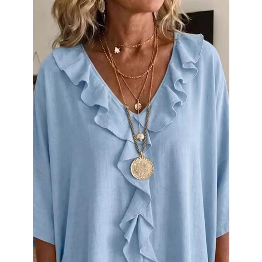 Full Size Ruffled V-Neck 3/4 Sleeve Blouse Plus Size Apparel and Accessories