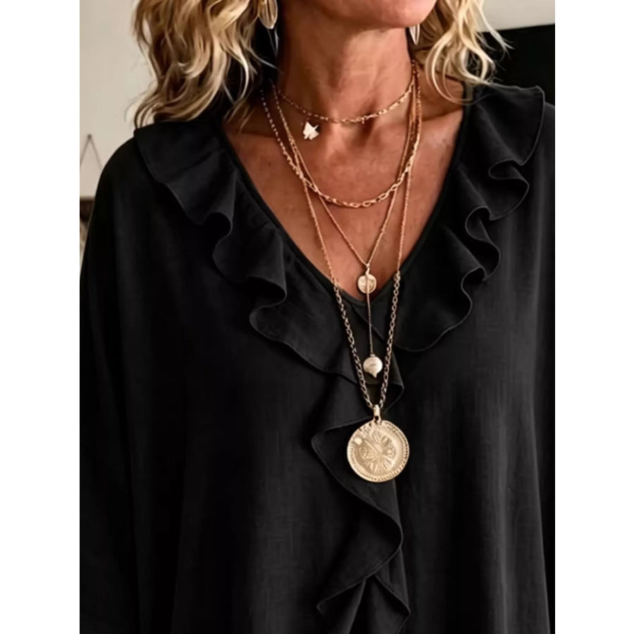 Full Size Ruffled V-Neck 3/4 Sleeve Blouse Plus Size Apparel and Accessories