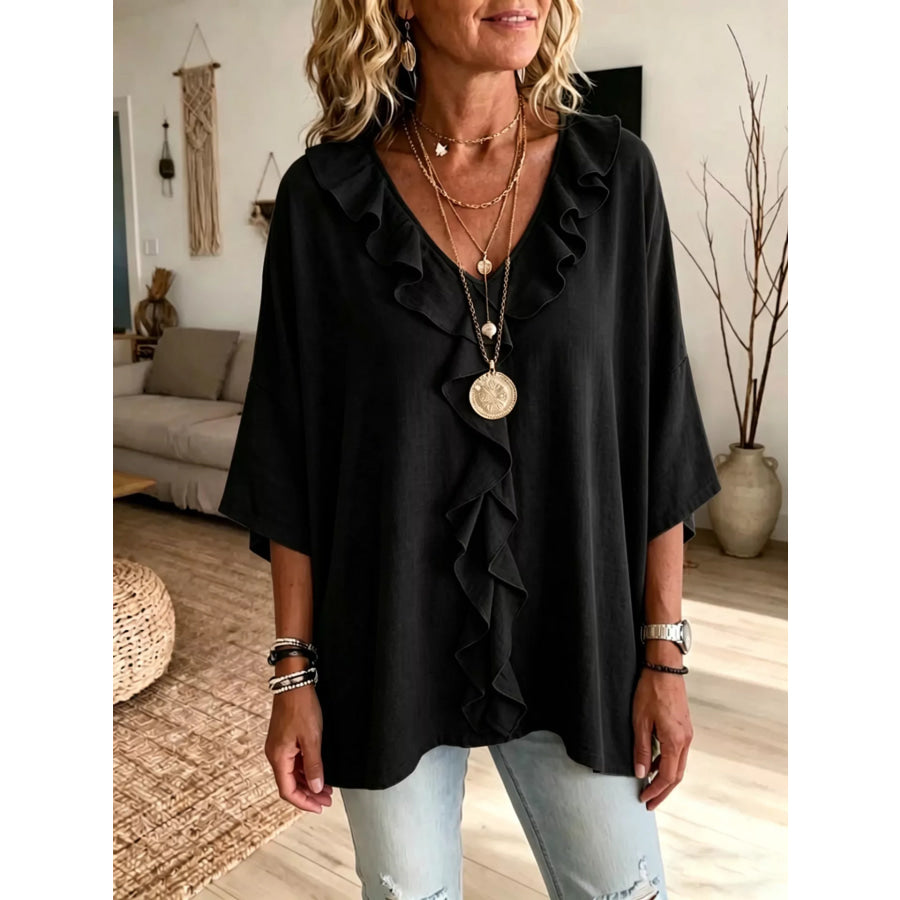 Full Size Ruffled V-Neck 3/4 Sleeve Blouse Plus Size Black / S Apparel and Accessories