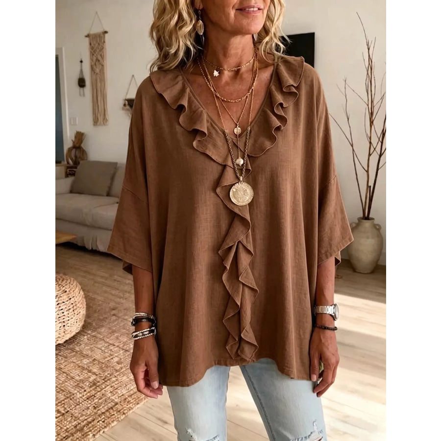 Full Size Ruffled V-Neck 3/4 Sleeve Blouse Plus Size Brown / S Apparel and Accessories