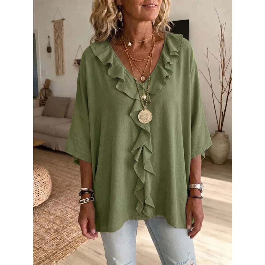 Full Size Ruffled V-Neck 3/4 Sleeve Blouse Plus Size Green / S Apparel and Accessories