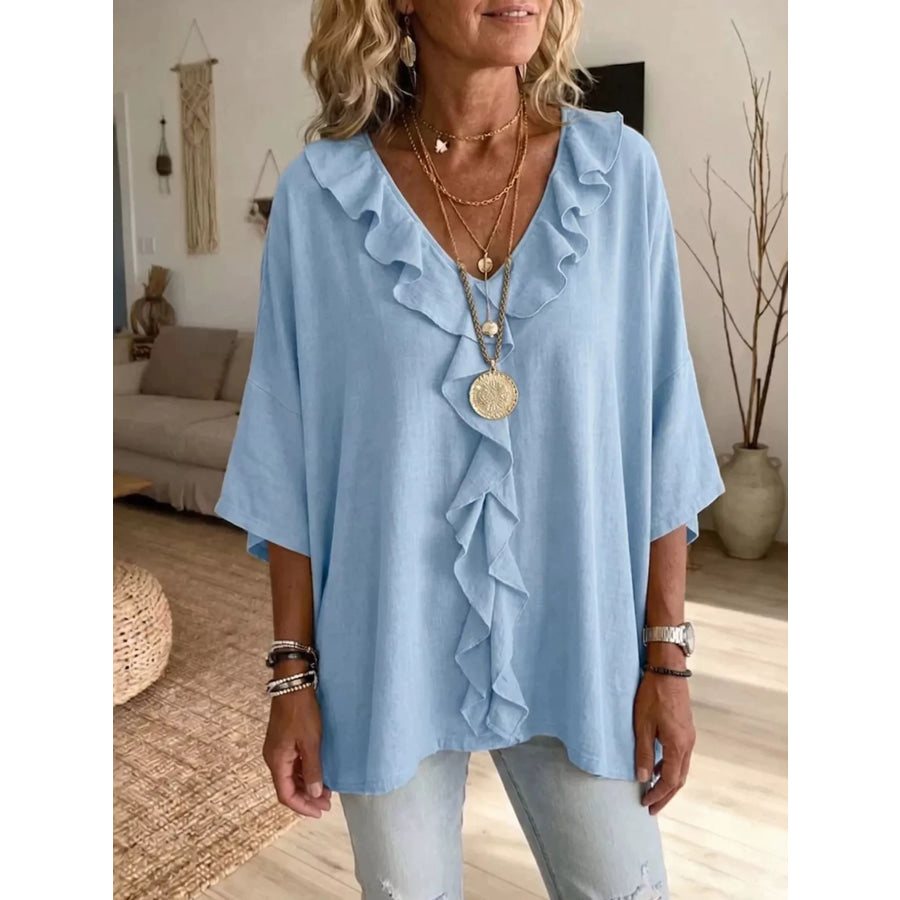 Full Size Ruffled V-Neck 3/4 Sleeve Blouse Plus Size Light Blue / S Apparel and Accessories