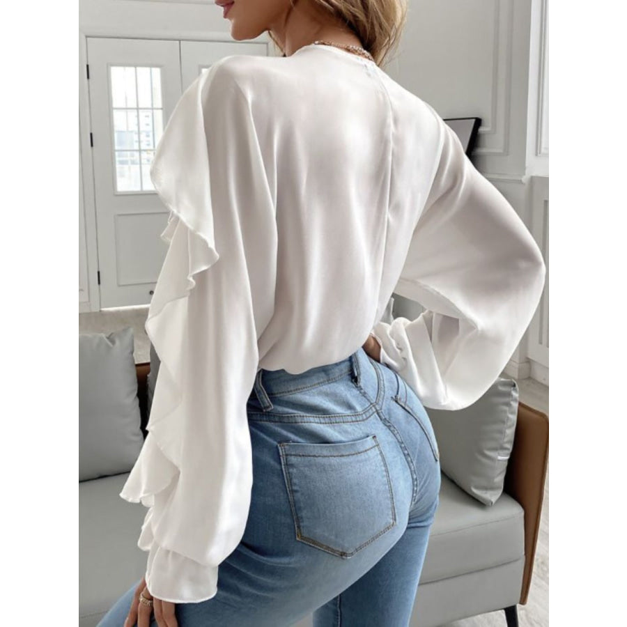 Full Size Ruffled V-Neck Button Down Flounce Sleeve Blouse Apparel and Accessories