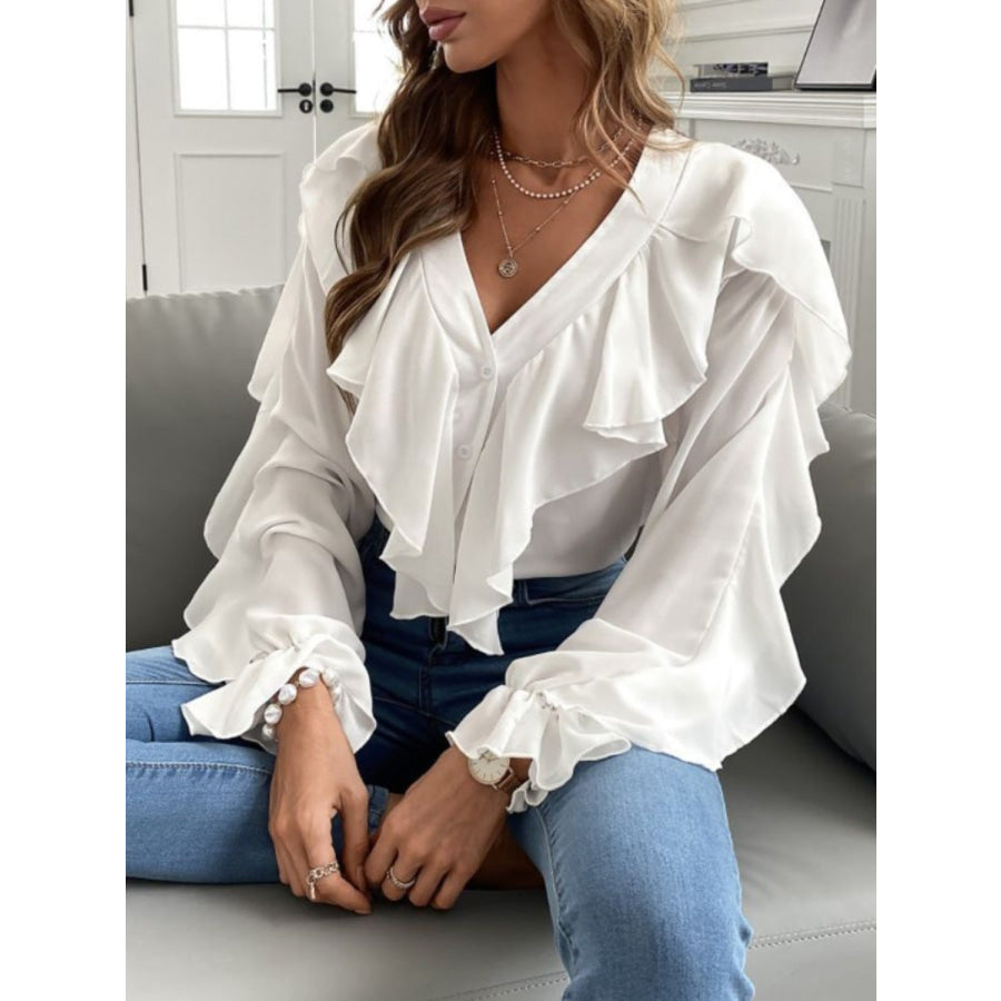 Full Size Ruffled V-Neck Button Down Flounce Sleeve Blouse Apparel and Accessories