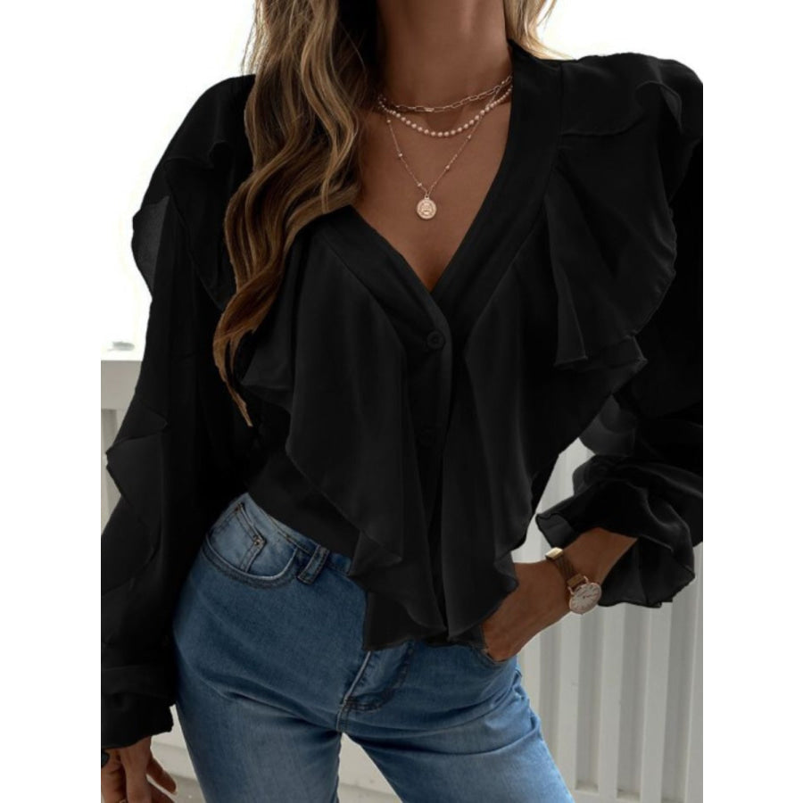 Full Size Ruffled V-Neck Button Down Flounce Sleeve Blouse Apparel and Accessories