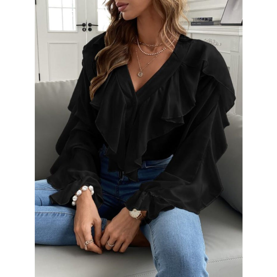 Full Size Ruffled V-Neck Button Down Flounce Sleeve Blouse Black / S Apparel and Accessories