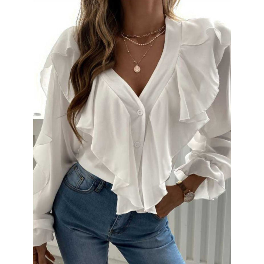 Full Size Ruffled V-Neck Button Down Flounce Sleeve Blouse White / S Apparel and Accessories