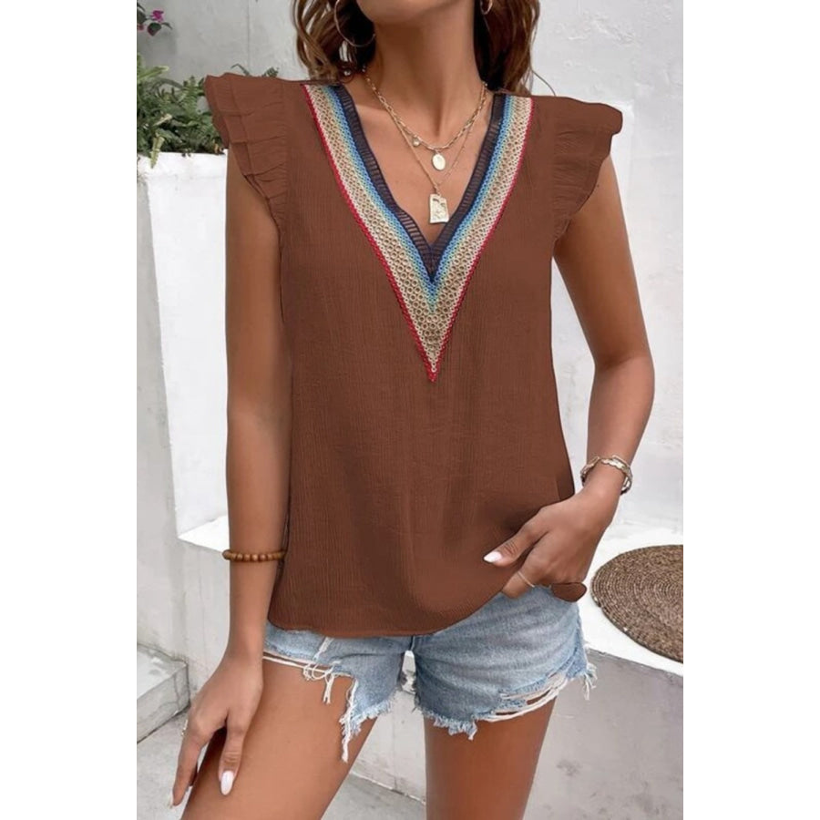 Full Size Ruffled V - Neck Cap Sleeve Blouse Apparel and Accessories