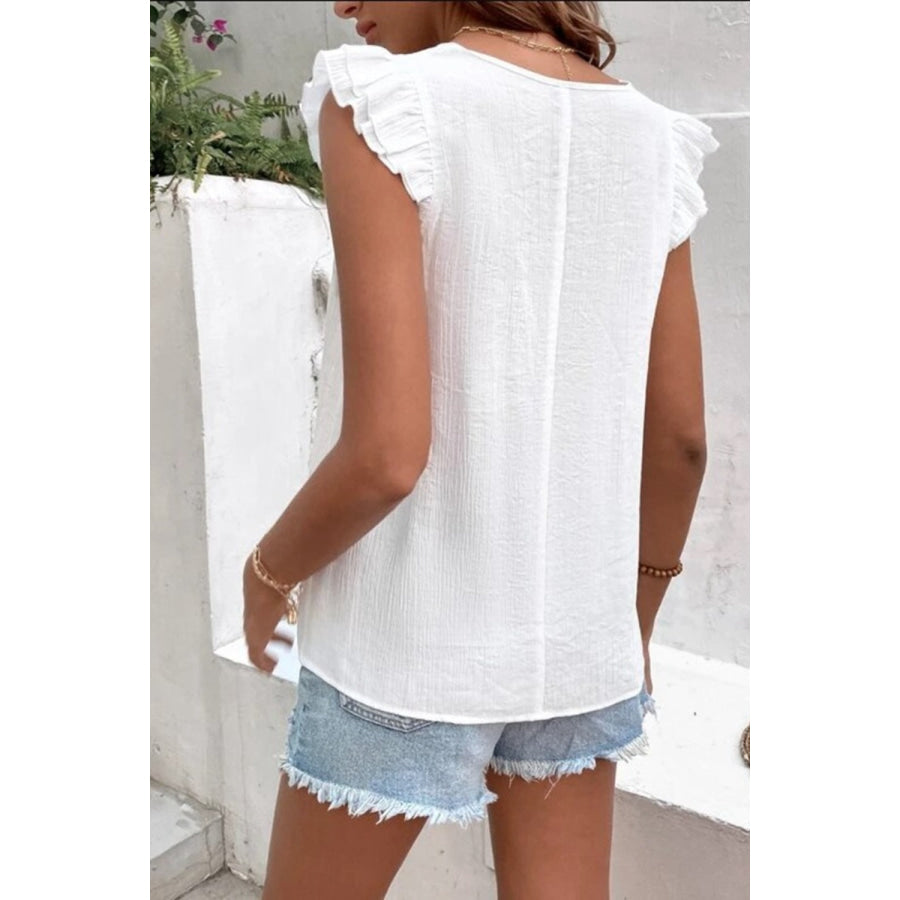 Full Size Ruffled V - Neck Cap Sleeve Blouse Apparel and Accessories