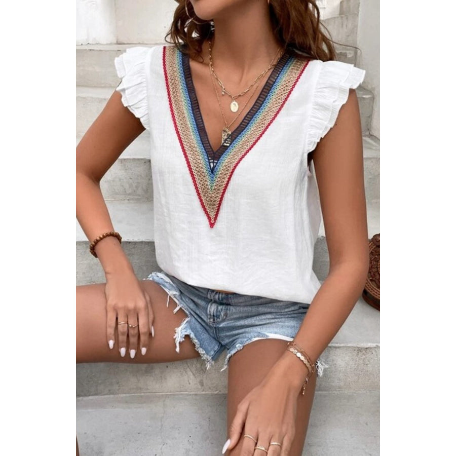 Full Size Ruffled V - Neck Cap Sleeve Blouse Apparel and Accessories