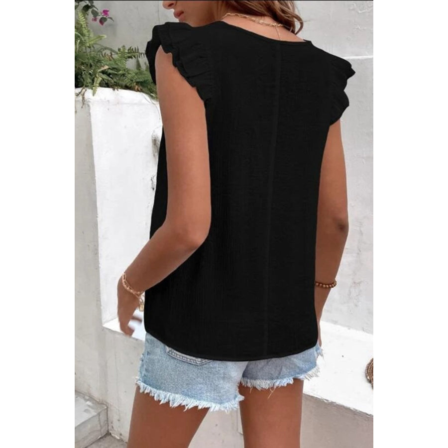 Full Size Ruffled V - Neck Cap Sleeve Blouse Apparel and Accessories