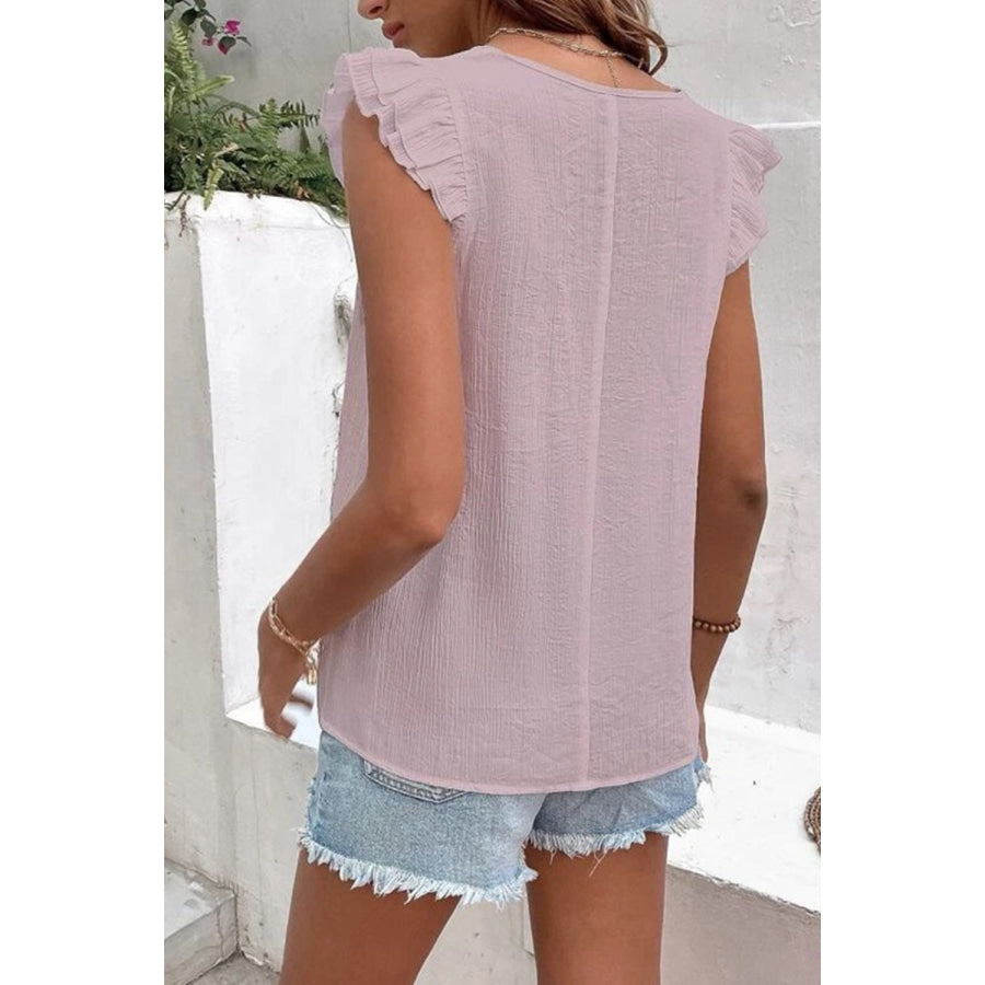 Full Size Ruffled V - Neck Cap Sleeve Blouse Apparel and Accessories