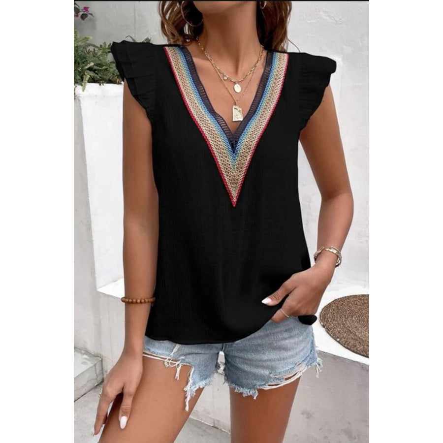 Full Size Ruffled V - Neck Cap Sleeve Blouse Black / S Apparel and Accessories